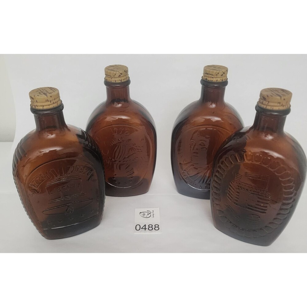 Set of 4 1776 Bicentennial Log Cabin Maple Syrup Amber Glass Bottles Vintage